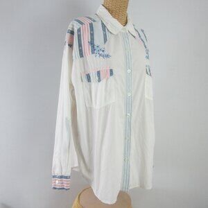 Vtg Lauren Brooke Women XL White Pink Blue Stripe Embroidered Cotton Shirt